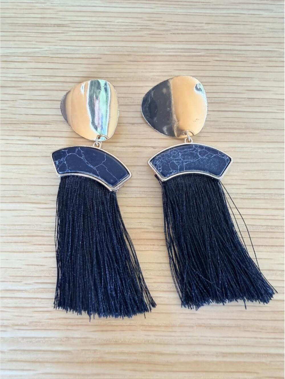 Vintage Black Tassel Earrings Gold Tone Statement Dangle